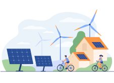 Active People On Bikes, Windmills And House With Solar Panel