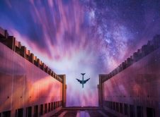 Beautiful Shot Airplane Going Building With Starry Sky Background