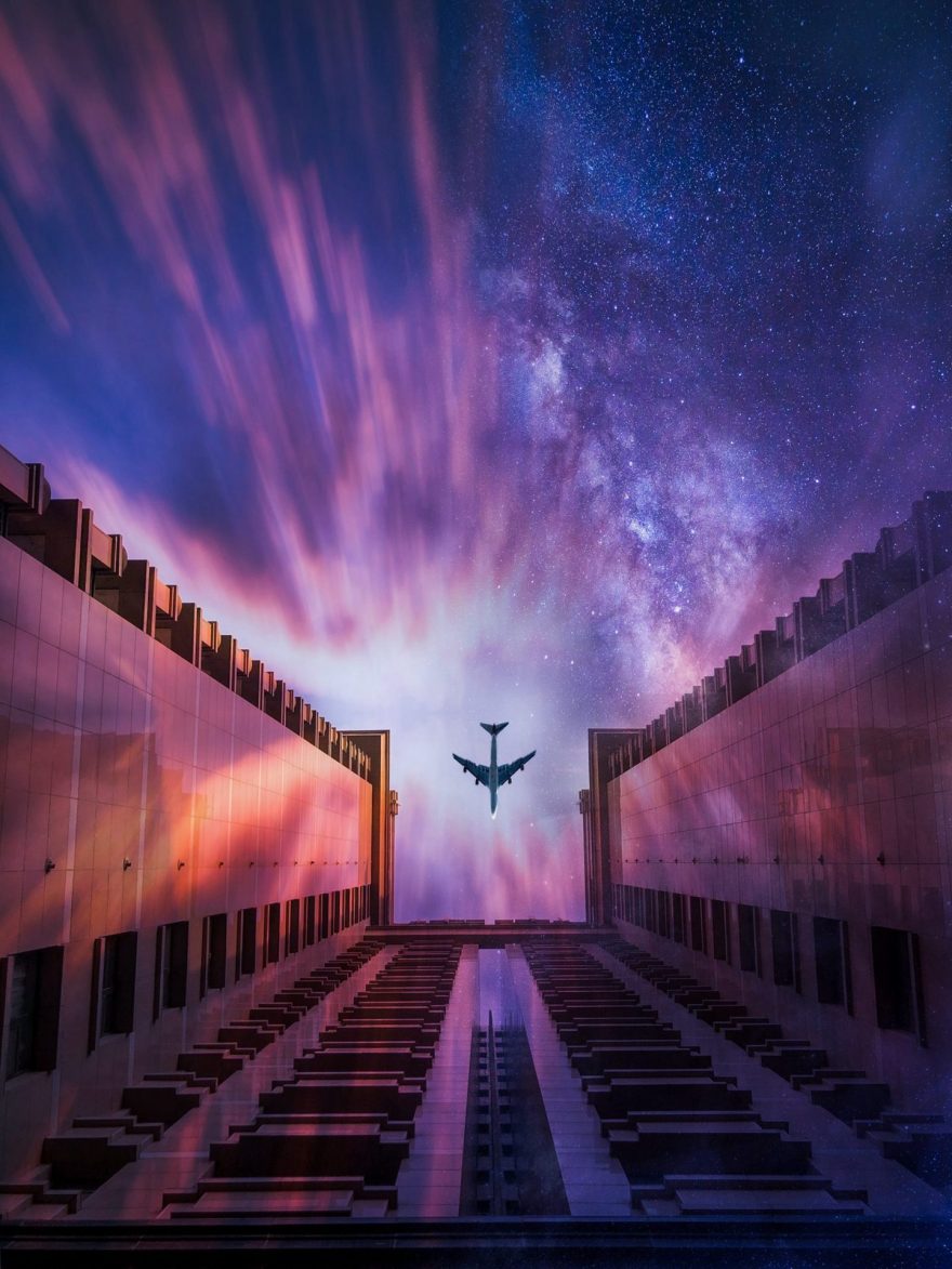 Beautiful Shot Airplane Going Building With Starry Sky Background