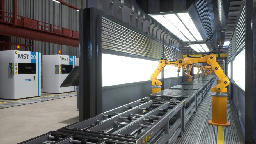 Robot Arms Working On Assembly Line In Factory Next To Computerized Machines Original 2418056
