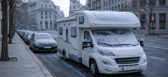 Aparcar (y pernoctar) con camper o caravana en invierno: guía legal, práctica, de climatización… y multas