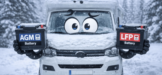 Baterías auxiliares en invierno para Camper y caravanas. AGM vs LFP: autonomía, errores que las matan y cómo pasar 24/48/72 h sin enchufe