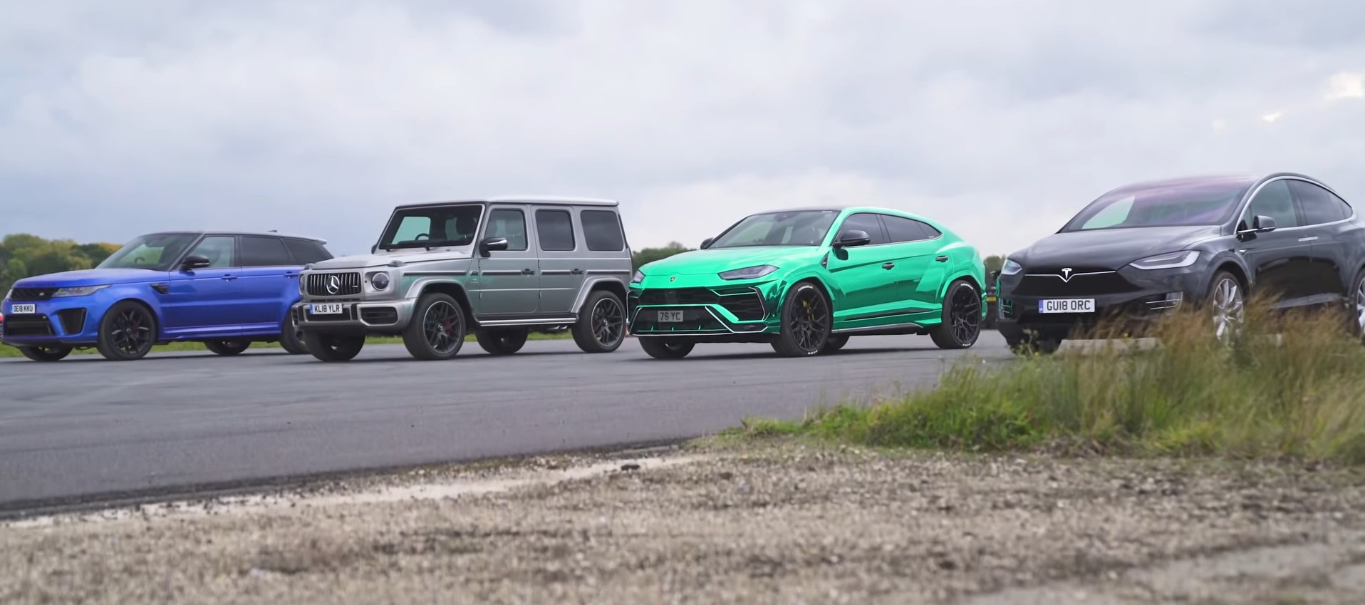 Drag Race, carrera entre SUVs. Tesla Model X, Lamborghini Urus, Range Rover SVR, y Mercedes G63